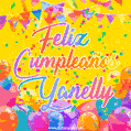A bright and festive GIF with the text 'Feliz Cumpleaños Yanelly' in Spanish in colorful fonts, surrounded by confetti, balloons, and festive banners on a vibrant yellow background.