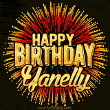 Golden 'Happy Birthday Yanelly' text accompanied by animated rainbow fireworks for a festive animated greeting.