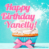 A festive cupcake with pink icing, a gingham bow, and a lit animated sparkler, paired with 'Happy Birthday Yanelly!' in bright pink text.