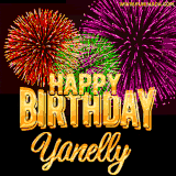 A golden 'Happy Birthday Yanelly' message with vibrant fireworks in the background, creating a festive and celebratory vibe in this animated name GIF.