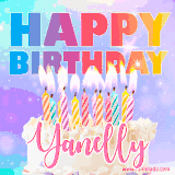 A vibrant animated name GIF with the words 'Happy Birthday Yanelly' with colorful candles on a creamy cake. The background sparkles with pastel shades, adding a festive touch.