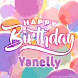 A vibrant name GIF featuring colorful balloons in shades of pink, orange, and yellow with the bold text 'Happy Birthday Yanelly' in festive fonts, creating a lively birthday vibe.