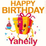 A vibrant and funny gift box character with a happy face dancing with a cupcake and the text 'Happy Birthday Yanelly,' surrounded by animated confetti and party vibes.