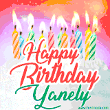Bright birthday candles with rainbow flames on a cake, alongside the text 'Happy Birthday Yanely' in vibrant script in this celebratory animated GIF.