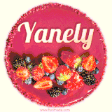 Beautifully decorated red velvet berry birthday cake with vibrant fruits and a glowing 'Yanely' name, adding a touch of sweetness and sparkle.