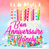 A white birthday cake covered in colorful sprinkles, topped with bright candles, and French text 'Bon Anniversaire Yanely' on a pastel gradient background in an animated GIF.