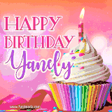 A vibrant birthday GIF featuring a rainbow-colored cupcake topped with white frosting, sprinkles, and a lit candle. The text reads 'Happy Birthday Yanely' in bold pink and violet letters with white outline.