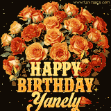 Animated bouquet of orange roses with moving butterfles and golden 'Happy Birthday Yanely' text, surrounded by sparkling accents and a dark backdrop for a luxurious feel.