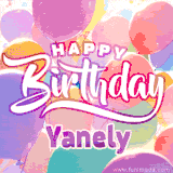 A vibrant name GIF featuring colorful balloons in shades of pink, orange, and yellow with the bold text 'Happy Birthday Yanely' in festive fonts, creating a lively birthday vibe.