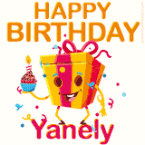 A vibrant and funny gift box character with a happy face dancing with a cupcake and the text 'Happy Birthday Yanely,' surrounded by animated confetti and party vibes.