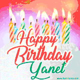 Bright birthday candles with rainbow flames on a cake, alongside the text 'Happy Birthday Yanet' in vibrant script in this celebratory animated GIF.