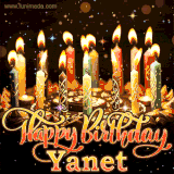 A glowing personalized birthday GIF with name Yanet featuring lit candles with intricate designs, warm lighting, and the text 'Happy Birthday' in an elegant font.