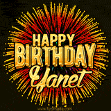 Golden 'Happy Birthday Yanet' text accompanied by animated rainbow fireworks for a festive animated greeting.