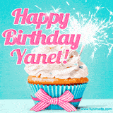 A festive cupcake with pink icing, a gingham bow, and a lit animated sparkler, paired with 'Happy Birthday Yanet!' in bright pink text.