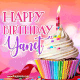 A vibrant birthday GIF featuring a rainbow-colored cupcake topped with white frosting, sprinkles, and a lit candle. The text reads 'Happy Birthday Yanet' in bold pink and violet letters with white outline.
