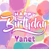 A vibrant name GIF featuring colorful balloons in shades of pink, orange, and yellow with the bold text 'Happy Birthday Yanet' in festive fonts, creating a lively birthday vibe.