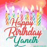 Bright birthday candles with rainbow flames on a cake, alongside the text 'Happy Birthday Yaneth' in vibrant script in this celebratory animated GIF.