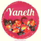 Beautifully decorated red velvet berry birthday cake with vibrant fruits and a glowing 'Yaneth' name, adding a touch of sweetness and sparkle.