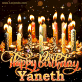 A glowing personalized birthday GIF with name Yaneth featuring lit candles with intricate designs, warm lighting, and the text 'Happy Birthday' in an elegant font.