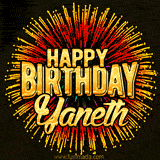 Golden 'Happy Birthday Yaneth' text accompanied by animated rainbow fireworks for a festive animated greeting.