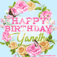 A charming animated GIF featuring 'Happy Birthday Yaneth' in pink and green text, surrounded by delicate roses, leaves, and fluttering butterflies on a soft light blue pastel background.