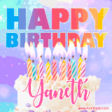A vibrant animated name GIF with the words 'Happy Birthday Yaneth' with colorful candles on a creamy cake. The background sparkles with pastel shades, adding a festive touch.