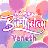 A vibrant name GIF featuring colorful balloons in shades of pink, orange, and yellow with the bold text 'Happy Birthday Yaneth' in festive fonts, creating a lively birthday vibe.