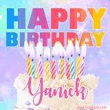 A vibrant animated name GIF with the words 'Happy Birthday Yanick' with colorful candles on a creamy cake. The background sparkles with pastel shades, adding a festive touch.