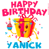 A vibrant and funny gift box character with a happy face dancing with a cupcake and the text 'Happy Birthday Yanick,' surrounded by animated confetti and party vibes.