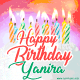 Bright birthday candles with rainbow flames on a cake, alongside the text 'Happy Birthday Yanira' in vibrant script in this celebratory animated GIF.