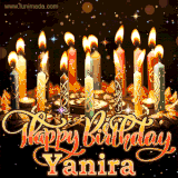 A glowing personalized birthday GIF with name Yanira featuring lit candles with intricate designs, warm lighting, and the text 'Happy Birthday' in an elegant font.