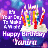 A colorful birthday GIF for Yanira featuring a cupcake with vibrant lit candles and the text 'It's Your Day to Make a Wish! Happy Birthday Yanira' in bold letters on a festive purple background.