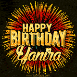 Golden 'Happy Birthday Yanira' text accompanied by animated rainbow fireworks for a festive animated greeting.