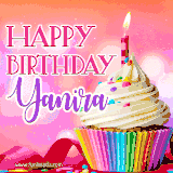 A vibrant birthday GIF featuring a rainbow-colored cupcake topped with white frosting, sprinkles, and a lit candle. The text reads 'Happy Birthday Yanira' in bold pink and violet letters with white outline.