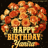 Animated bouquet of orange roses with moving butterfles and golden 'Happy Birthday Yanira' text, surrounded by sparkling accents and a dark backdrop for a luxurious feel.