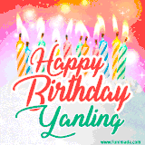 Bright birthday candles with rainbow flames on a cake, alongside the text 'Happy Birthday Yanling' in vibrant script in this celebratory animated GIF.