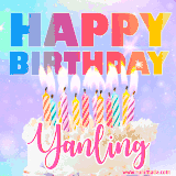 A vibrant animated name GIF with the words 'Happy Birthday Yanling' with colorful candles on a creamy cake. The background sparkles with pastel shades, adding a festive touch.