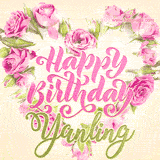 A stunning heart made of pink roses surrounds the elegant script text 'Happy Birthday Yanling' on a soft beige background. Animated sparkles add a magical and festive feel.