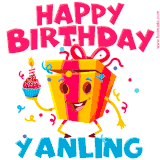 A vibrant and funny gift box character with a happy face dancing with a cupcake and the text 'Happy Birthday Yanling,' surrounded by animated confetti and party vibes.