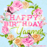 A charming animated GIF featuring 'Happy Birthday Yanmei' in pink and green text, surrounded by delicate roses, leaves, and fluttering butterflies on a soft light blue pastel background.