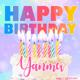 A vibrant animated name GIF with the words 'Happy Birthday Yanmei' with colorful candles on a creamy cake. The background sparkles with pastel shades, adding a festive touch.