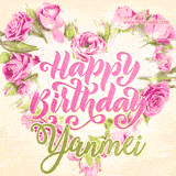 A stunning heart made of pink roses surrounds the elegant script text 'Happy Birthday Yanmei' on a soft beige background. Animated sparkles add a magical and festive feel.