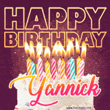 A colorful birthday cake topped with lit candles, with the words 'Happy Birthday Yannick' in bold glowing letters on a burgundy background. Animated flames add a festive touch.