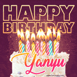 A colorful birthday cake topped with lit candles, with the words 'Happy Birthday Yanyu' in bold glowing letters on a burgundy background. Animated flames add a festive touch.