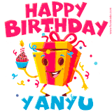 A vibrant and funny gift box character with a happy face dancing with a cupcake and the text 'Happy Birthday Yanyu,' surrounded by animated confetti and party vibes.