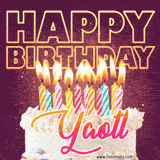 A colorful birthday cake topped with lit candles, with the words 'Happy Birthday Yaotl' in bold glowing letters on a burgundy background. Animated flames add a festive touch.