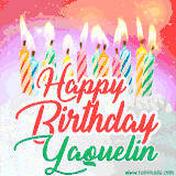Bright birthday candles with rainbow flames on a cake, alongside the text 'Happy Birthday Yaquelin' in vibrant script in this celebratory animated GIF.