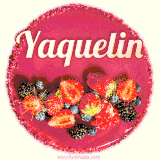 Beautifully decorated red velvet berry birthday cake with vibrant fruits and a glowing 'Yaquelin' name, adding a touch of sweetness and sparkle.