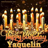 A glowing personalized birthday GIF with name Yaquelin featuring lit candles with intricate designs, warm lighting, and the text 'Happy Birthday' in an elegant font.