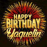 Golden 'Happy Birthday Yaquelin' text accompanied by animated rainbow fireworks for a festive animated greeting.